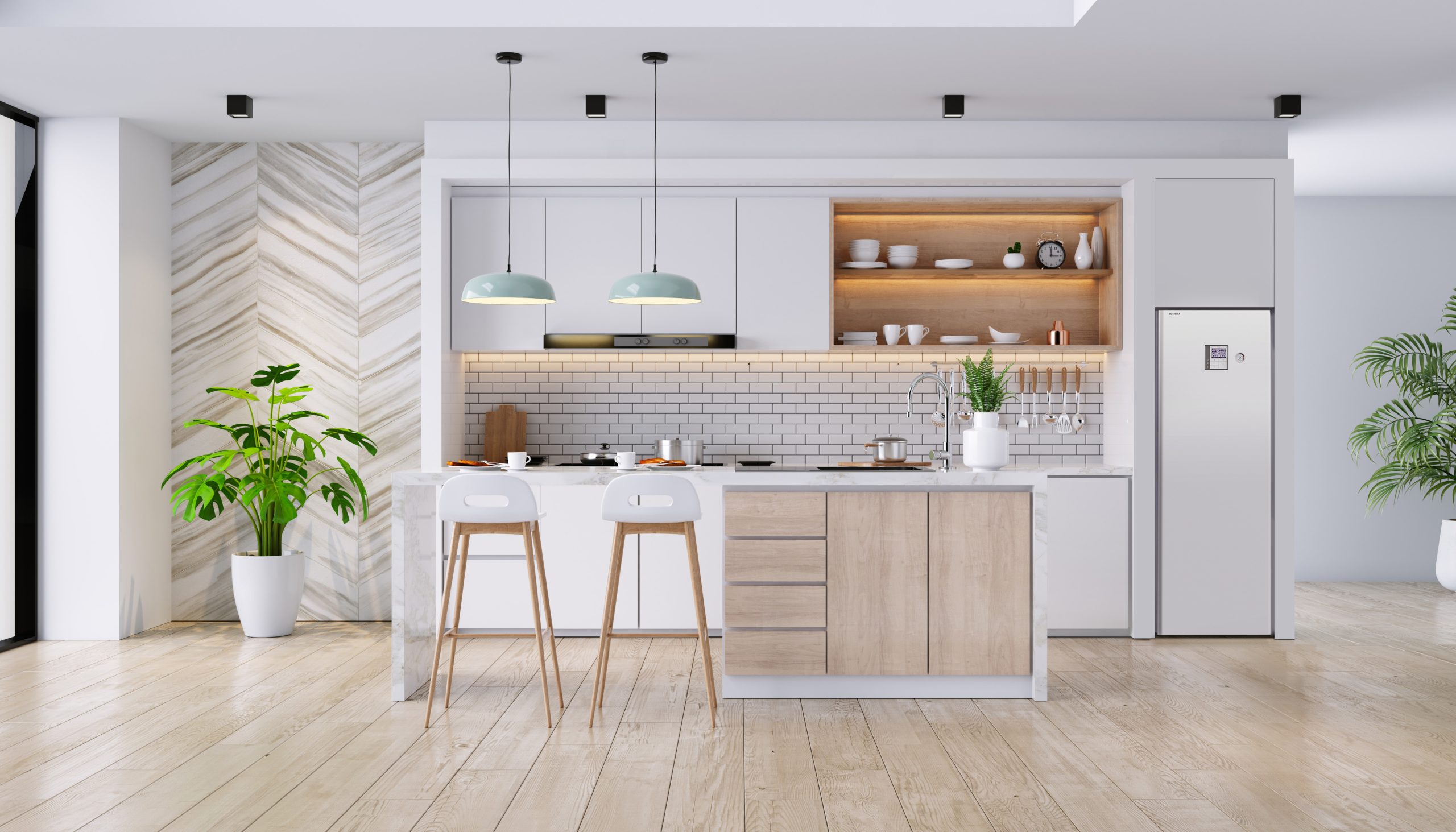 Modern Contemporary  kitchen room interior .white and wood material 3d render